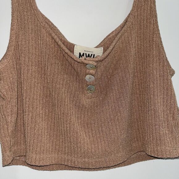 Madewell MWL Large Sleeveless Ribbed Knit Square Neck Henley Crop Tank Top Brown - Picture 2 of 11